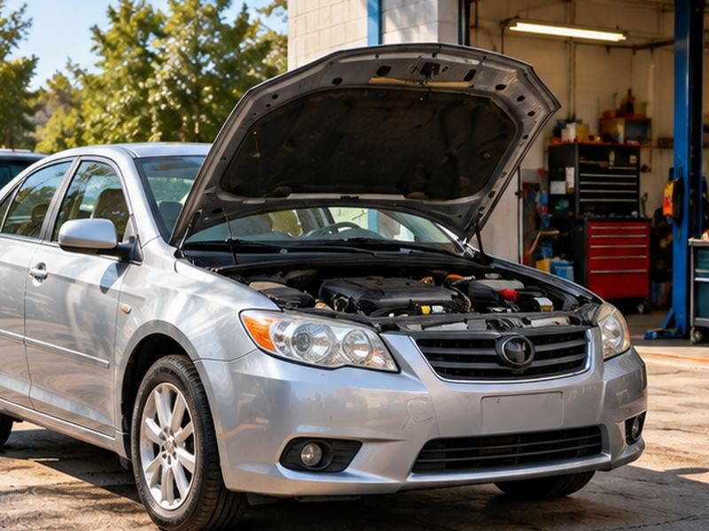 A car with its hood open outside a neighborhood repair shop