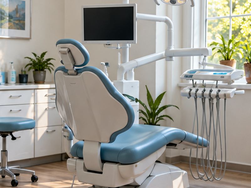 A quiet dental room with a chair near a window