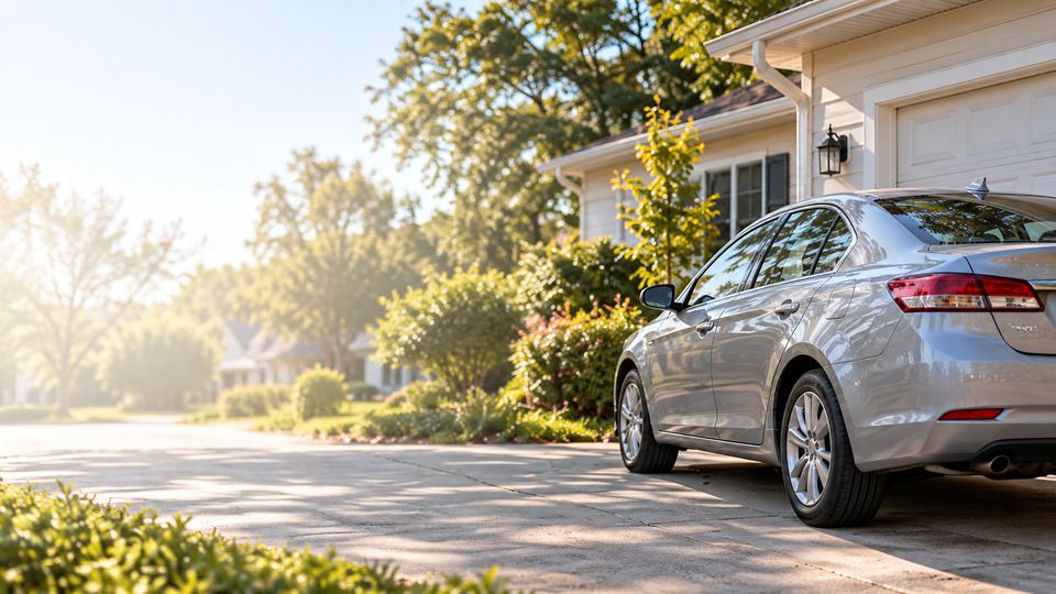 An ordinary car parked beside a home in the morning light