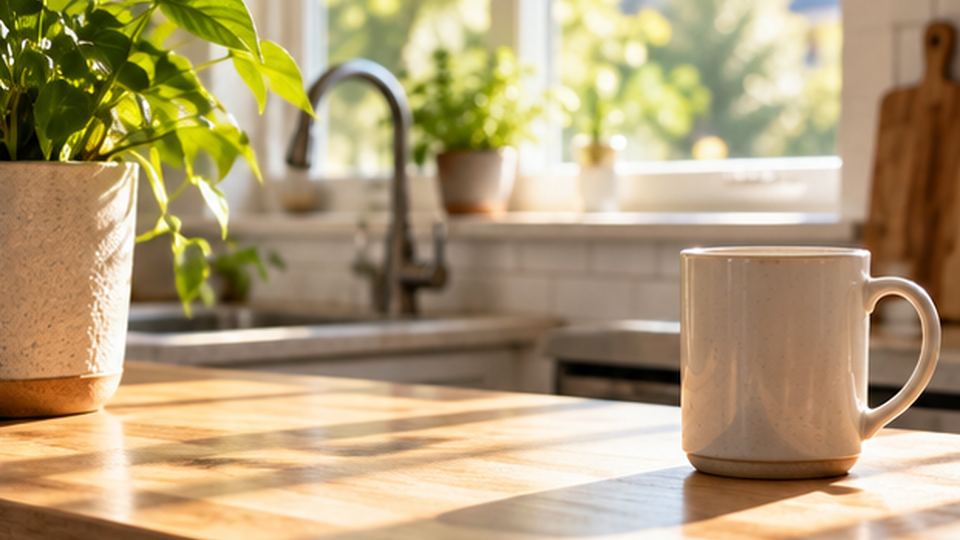 A bright home kitchen with a plant by the window