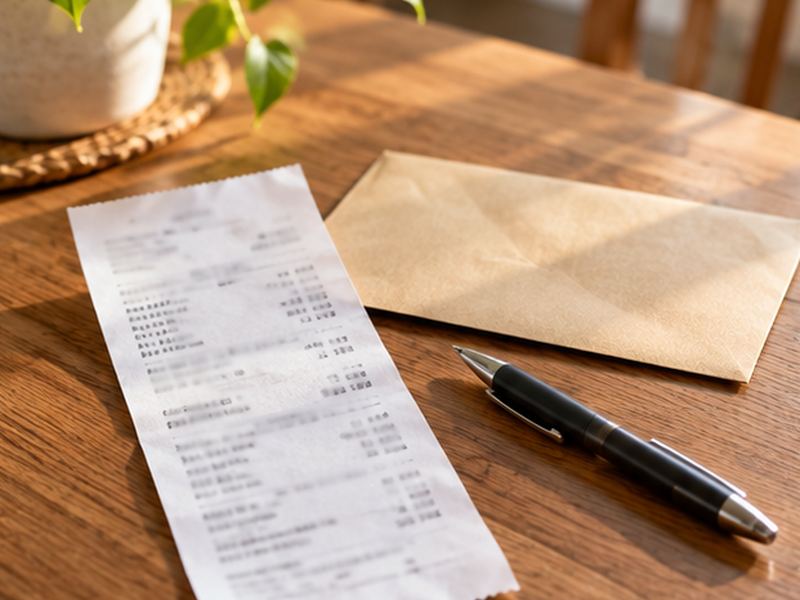A receipt, envelope, and pen on a table